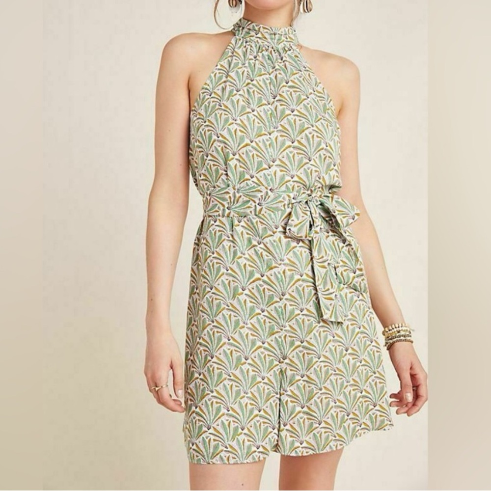 Anthropologie Maddie romper shorts green motif palm design halter top size small